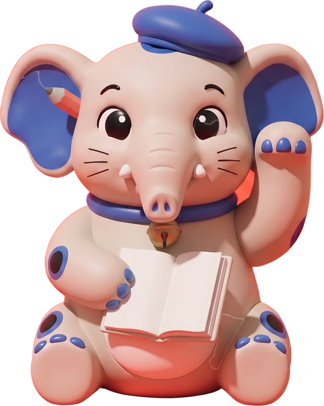 Cornelius the elephant with a writer's beret, a pencil behind one ear and an open notebook, ready to work as your content writer.
