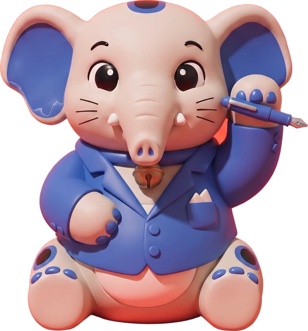 Cornelius the elephant with a tailored blazer and a fountain pen, ready to work as your deal manager.