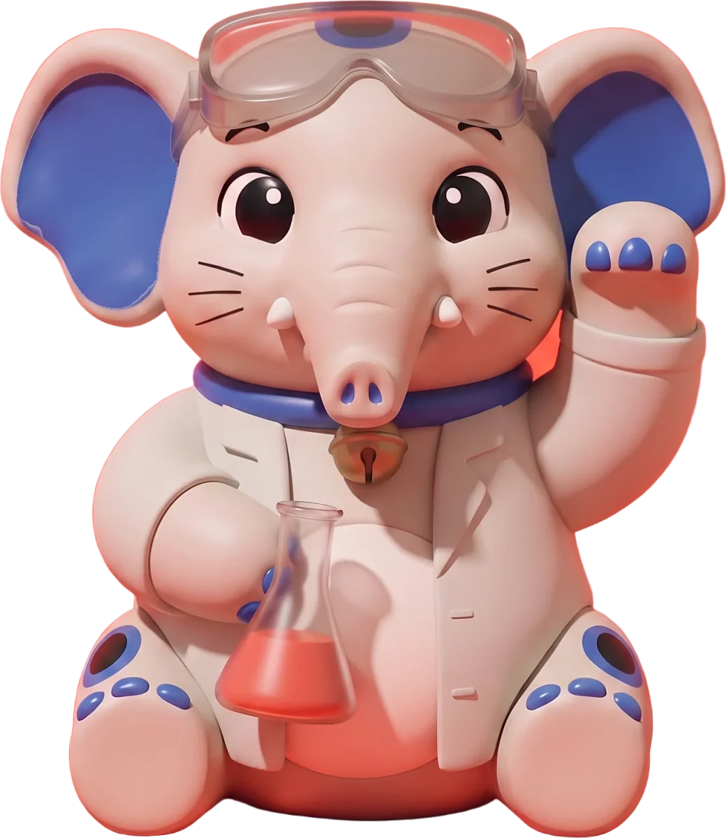 Cornelius the elephant with a lab coat, safety goggles and a flask of coral liquid, ready to work as your growth-experiment manager.