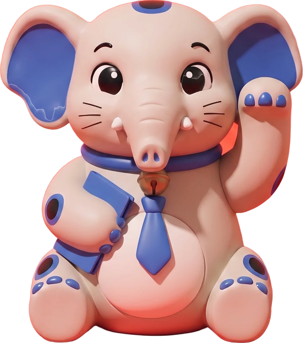 Cornelius the elephant with an interview tie and a portfolio folder, ready to work as your job-search manager.