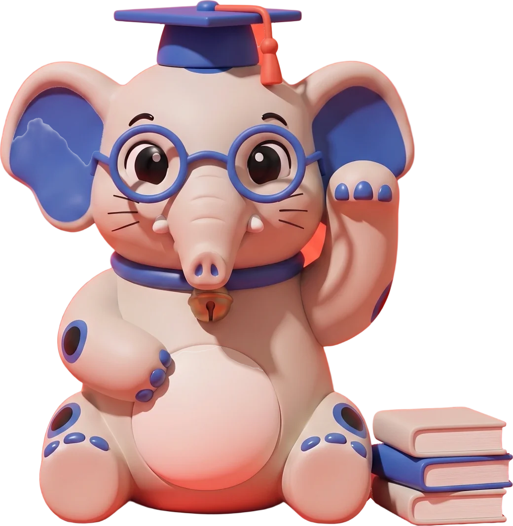 Cornelius the elephant with a graduation cap, round glasses and a stack of books, ready to work as your learning assistant.