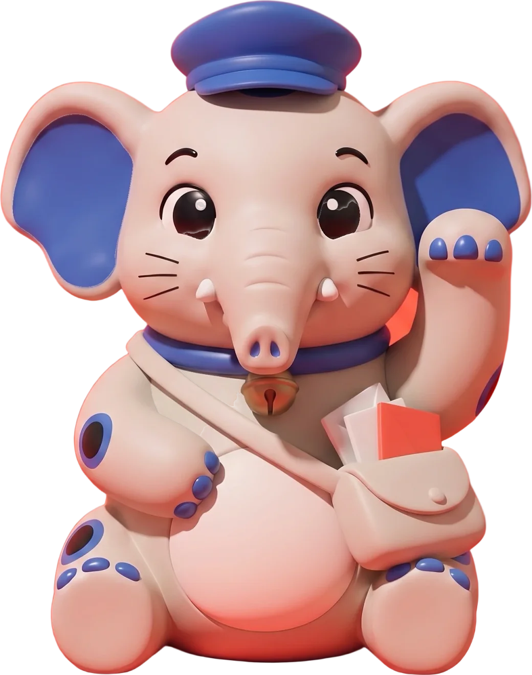 Cornelius the elephant with a mail carrier's cap and a satchel of letters, ready to work as your relationship keeper.