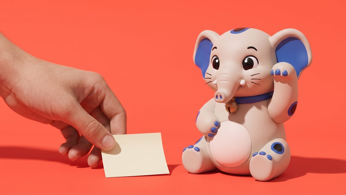 A hand slides a small note across the table to the Cornelius figurine, who waves