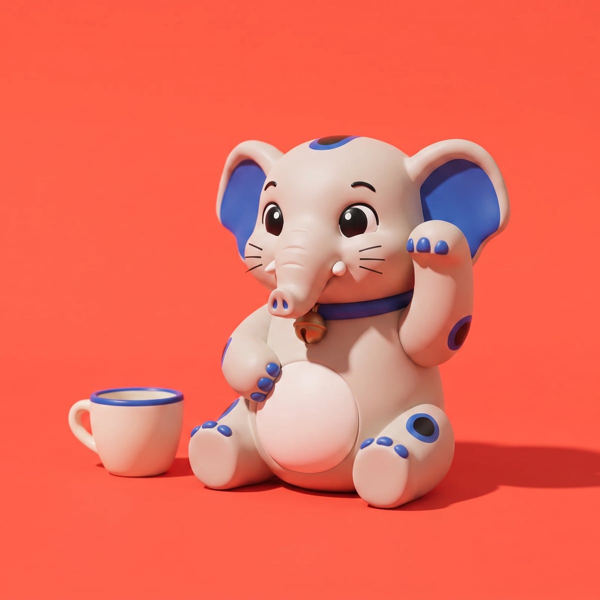The Cornelius figurine waving next to an espresso cup